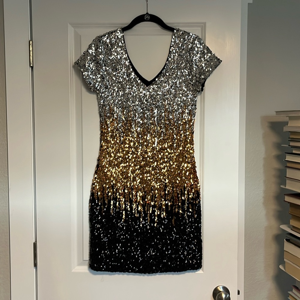 EUC Sequin Mini Dress Silver Gold Black Size Small